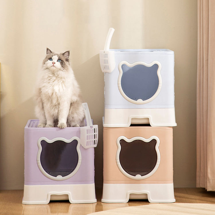 ゆったりサイズ トイレ本体 散らからない 掃除 上から入る猫トイレ 可愛いデザイン 猫砂飛び散り防止設計 引き出し式構造のトレーで手軽