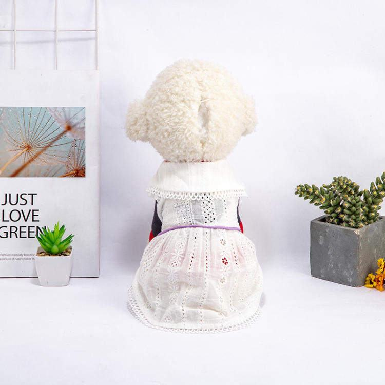犬服 ワンピース 春夏 レース ドッグウェア ドレス かわいい おしゃれ 花刺繍 綿製 パフ袖 シャツ 脱毛保護 小型犬 中型犬 猫 洋服 ペット服 通気 お姫様 散歩 お出かけ